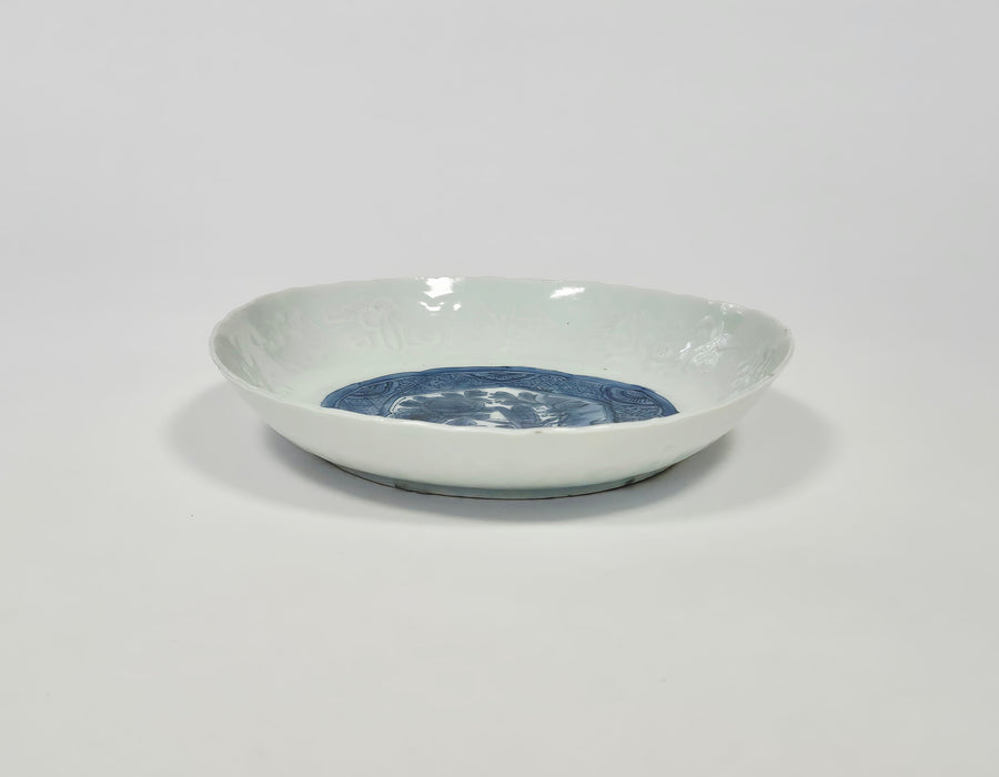 blue white moulded ming dish wanli