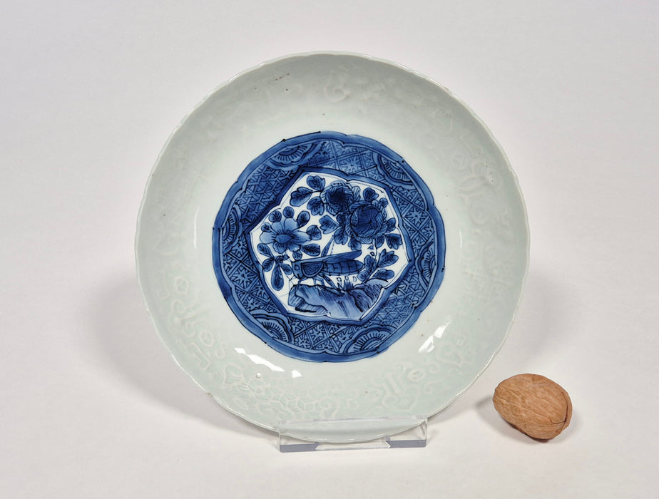 blue white moulded ming dish wanli