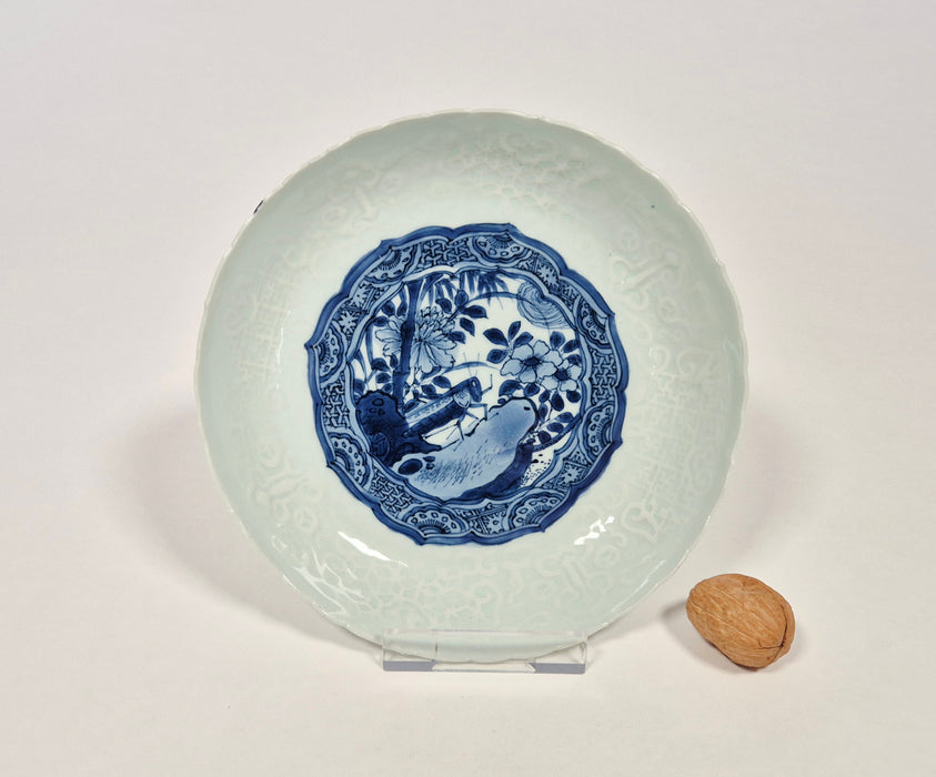 blue white moulded ming dish wanli