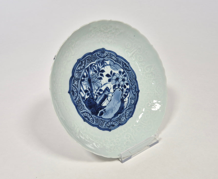 blue white moulded ming dish wanli