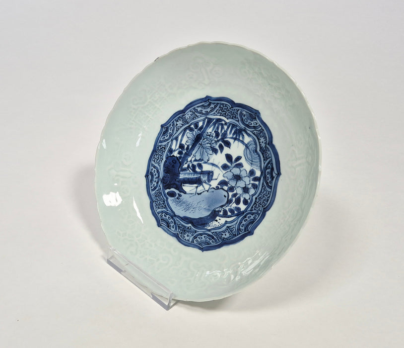 blue white moulded ming dish wanli